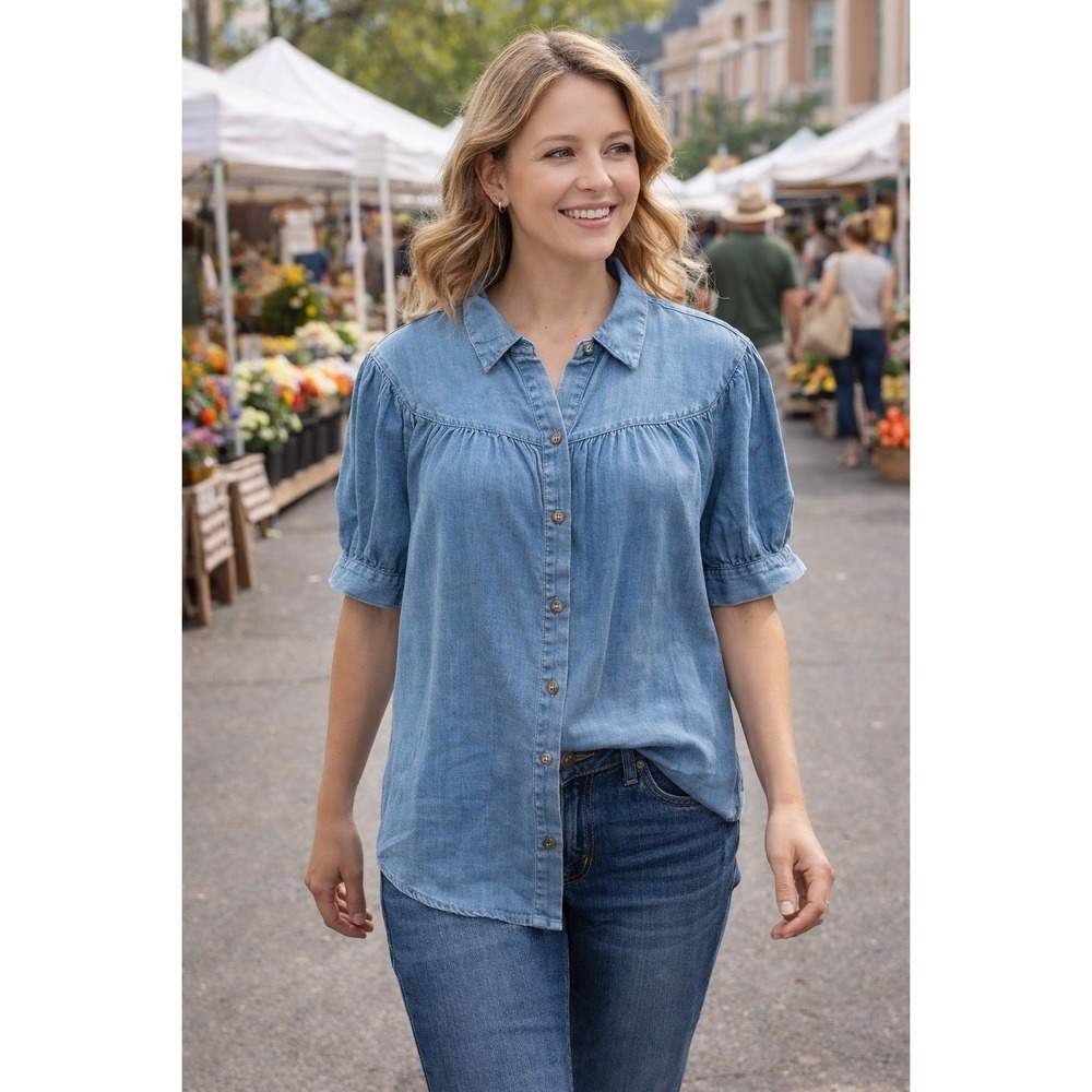 Jane + Delancey Chambray Button Front Blouse Puff Sleeve Lyocell‎ Size L